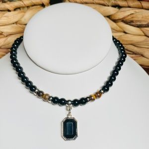 Black Beaded Necklace with Silver Accents